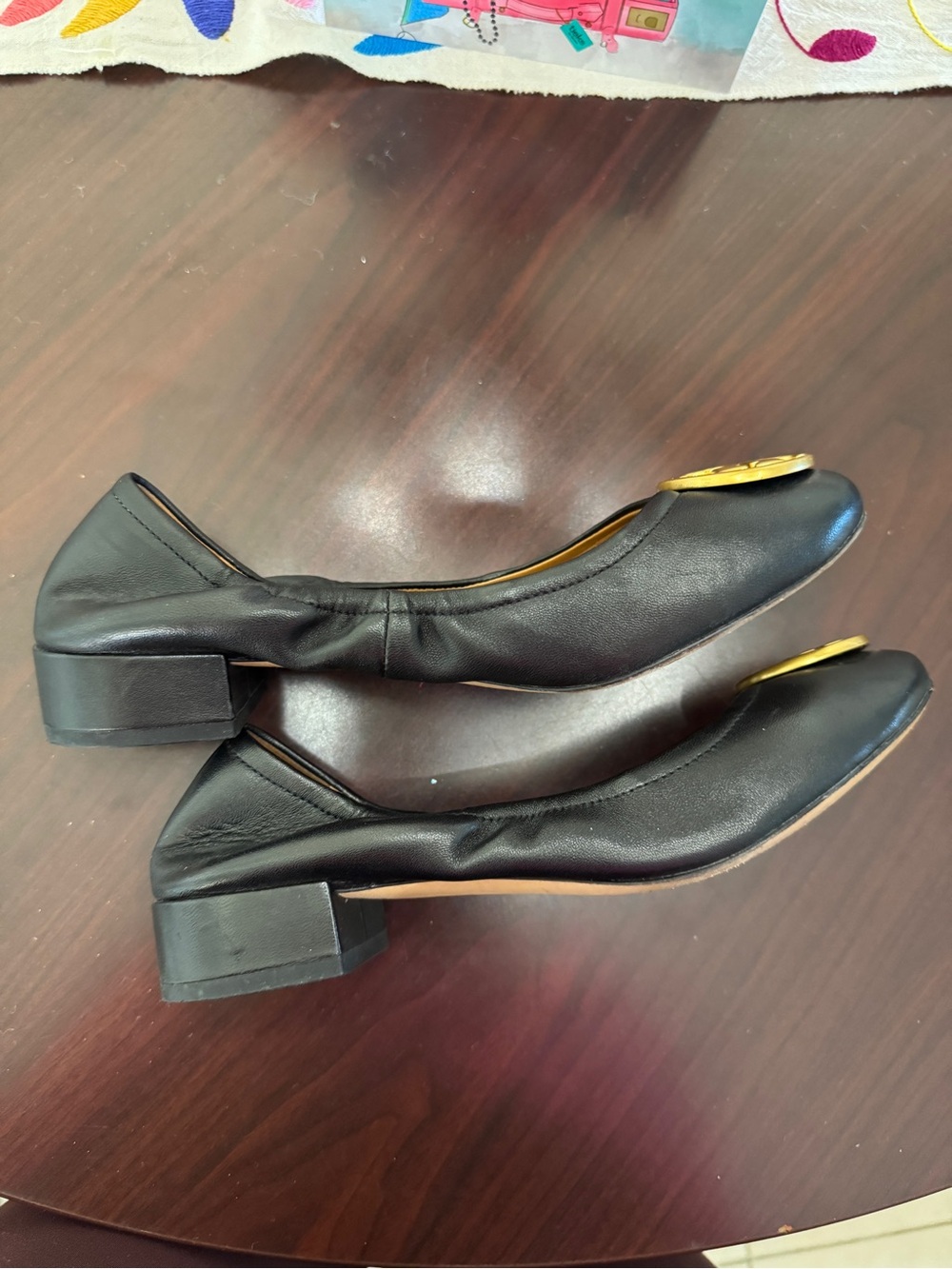 Tory Burch Black Leather Ballet Flats with Gold Logo Emblem - Picture 6 of 8